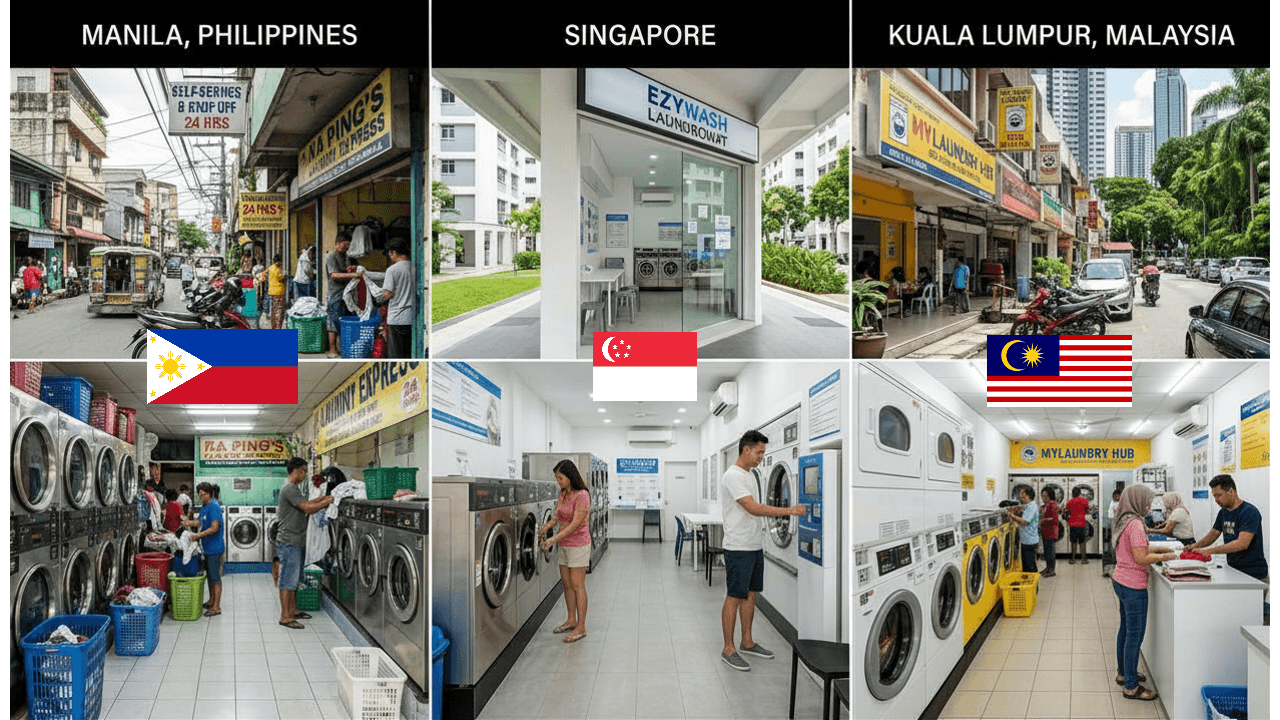 Side-by-side laundry pricing across Manila, Kuala Lumpur, and Singapore