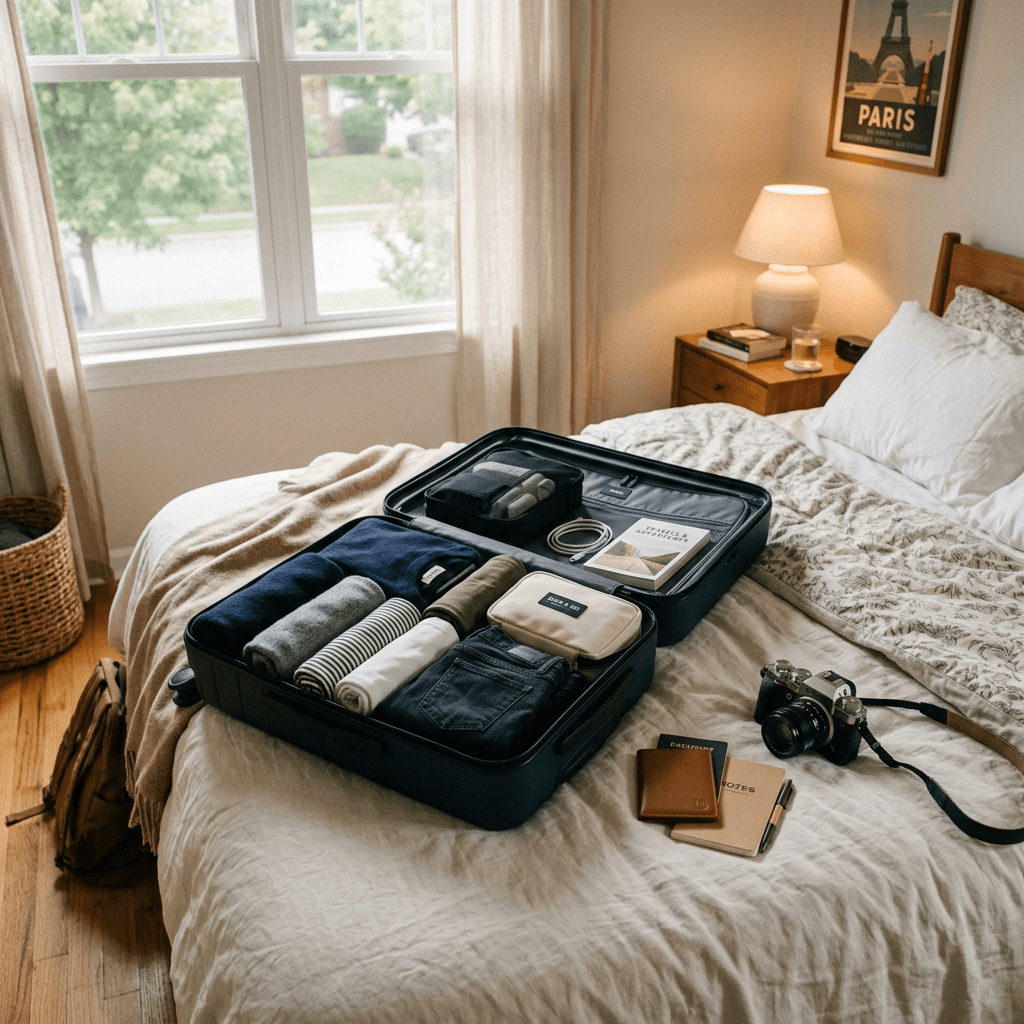 A carry-on bag open on a hotel bed with neatly folded travel clothes and travel-sized toiletries